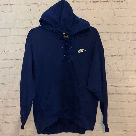Nike Tops - Nike Blue Lace Up Front Neck Hoodie V-Neck Long Sleeve Size S Casual